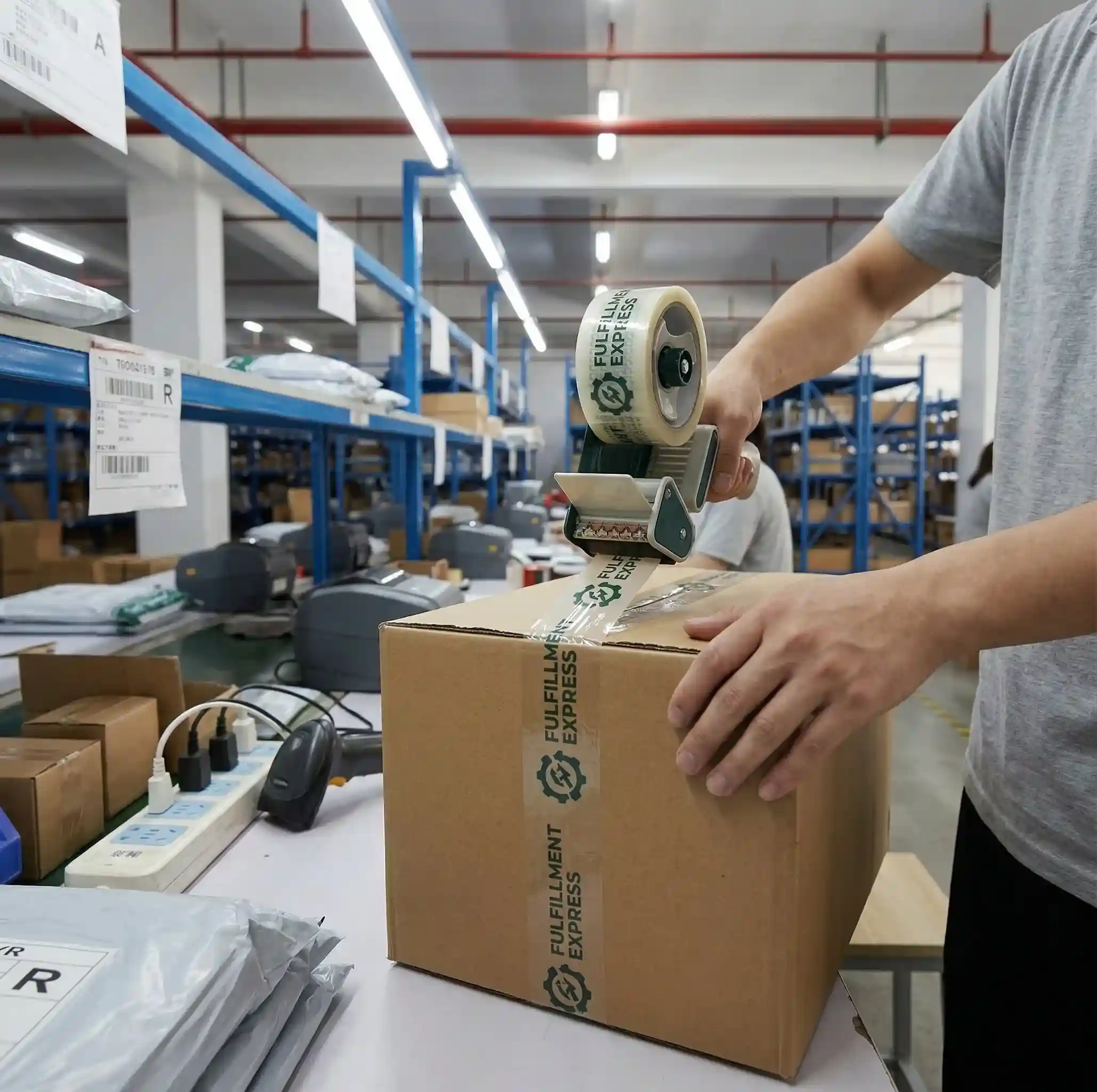 Fulfillment worker sealing a cardboard shipping box with custom branded packing tape