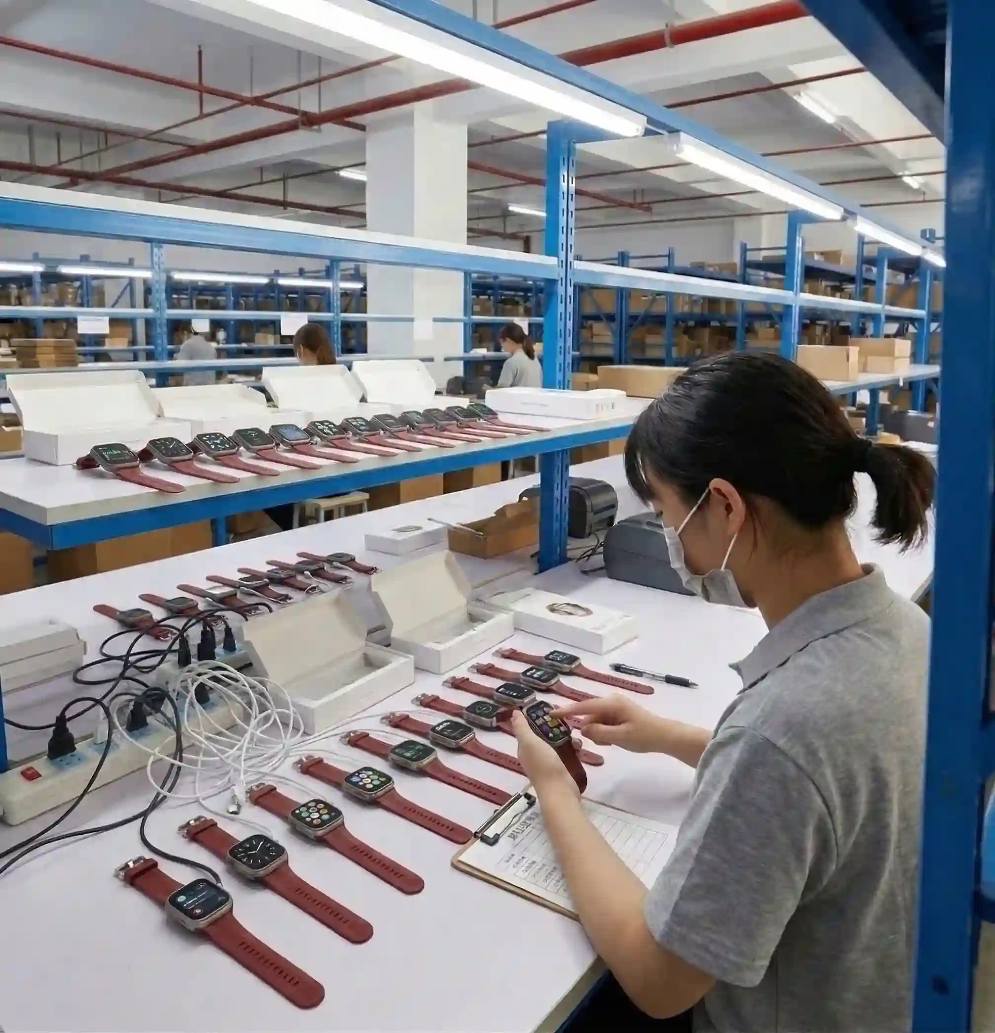 QC staff testing smartwatch units for power-on, screen response, charging, and basic function verification at the inspection bench.