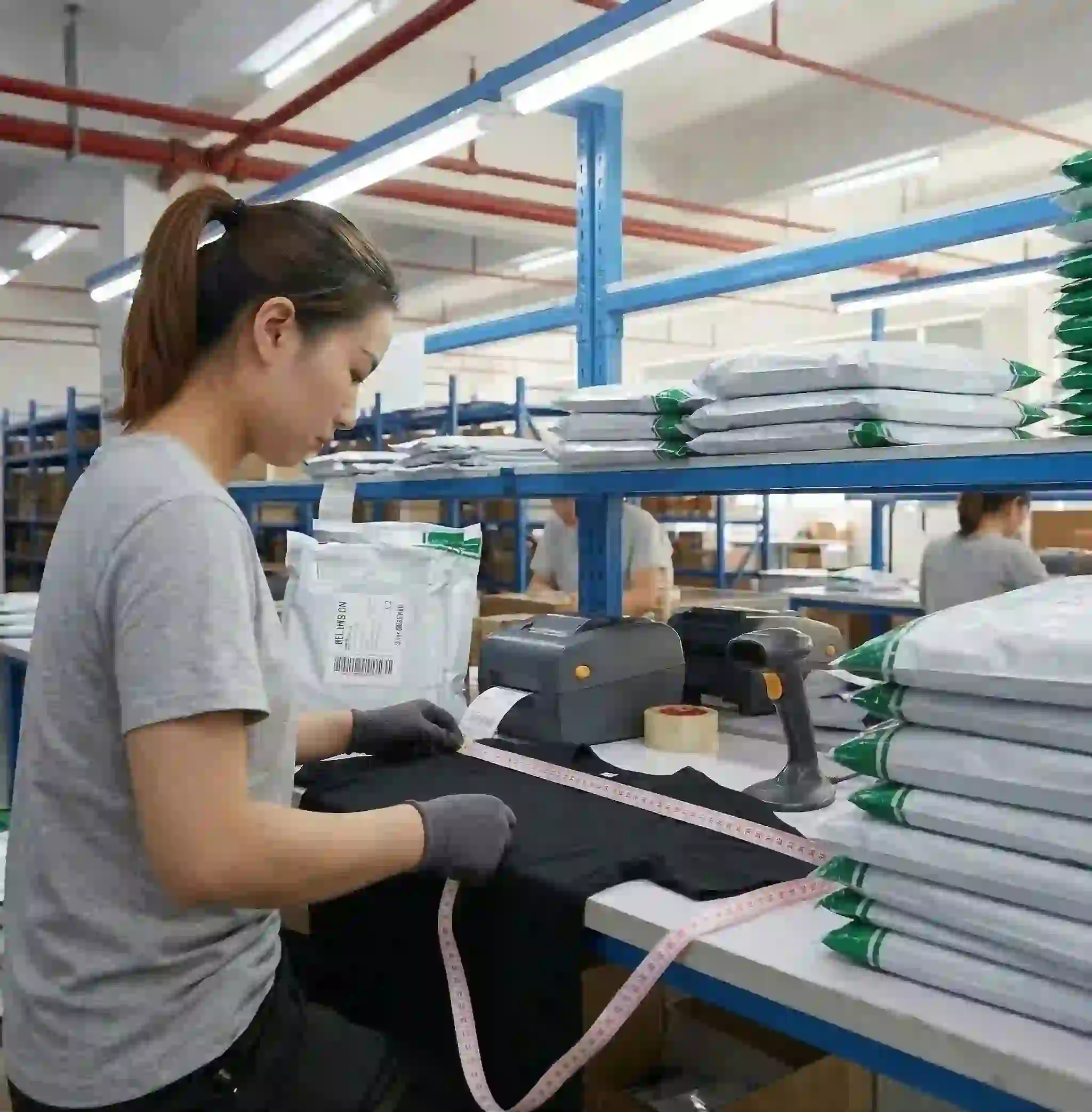 Warehouse staff measuring a garment at a packing station to verify size consistency before shipping