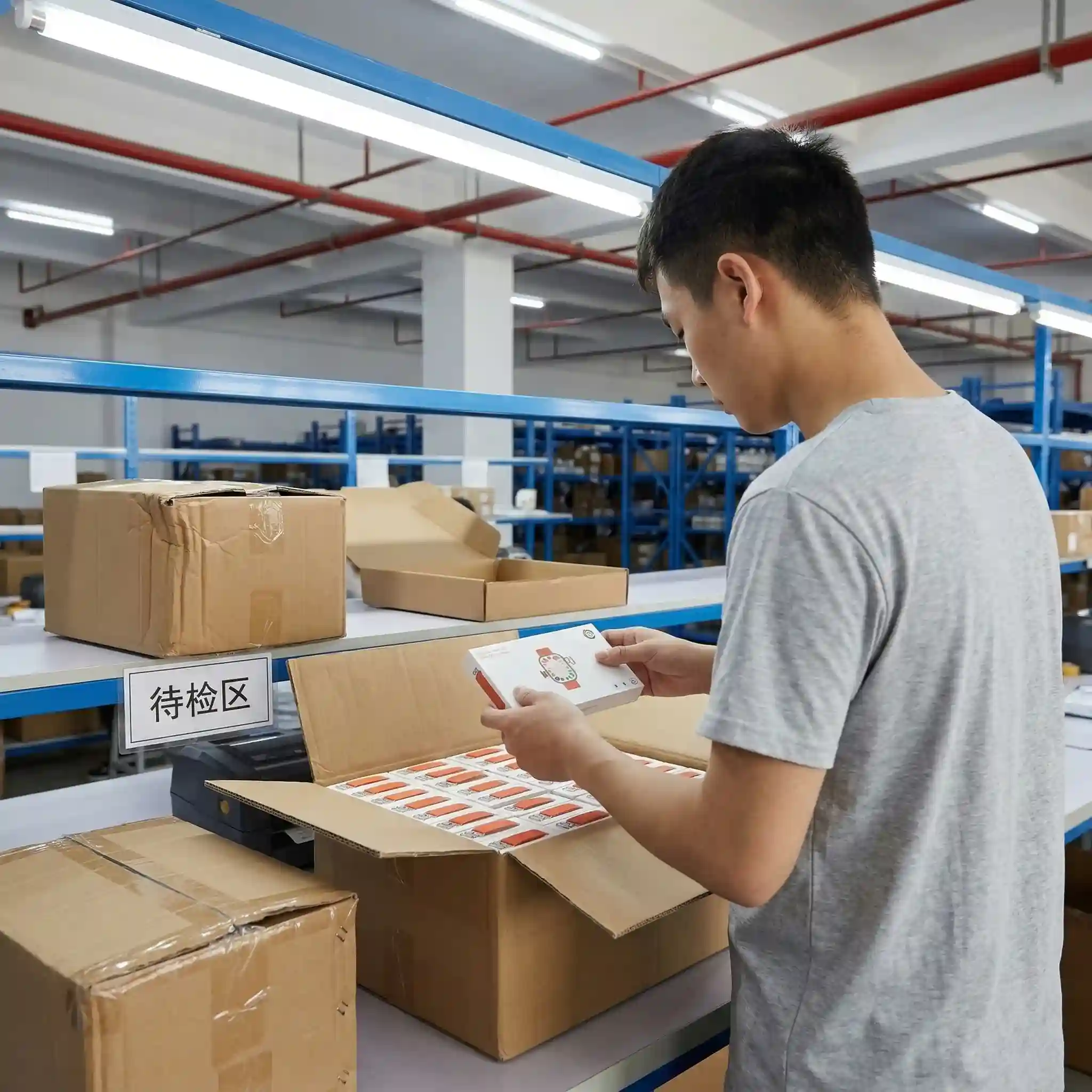 Warehouse staff inspecting incoming product boxes for packaging damage, seal integrity, and visible tamper risks before approval.