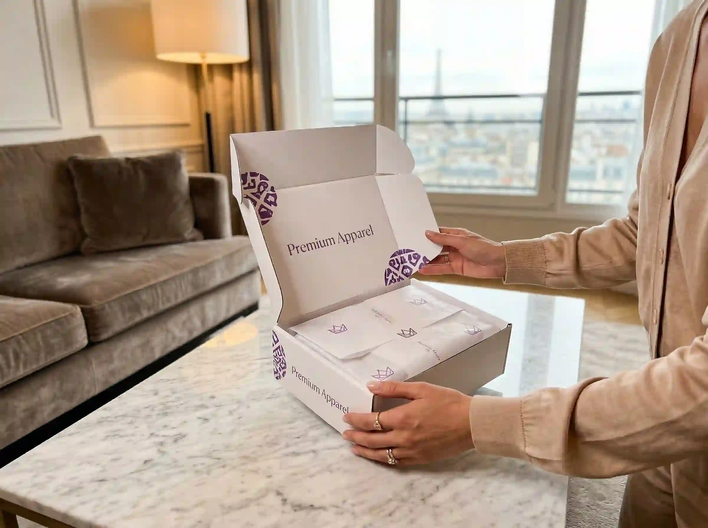 Customer opening a branded apparel box with neatly wrapped clothing in a home setting