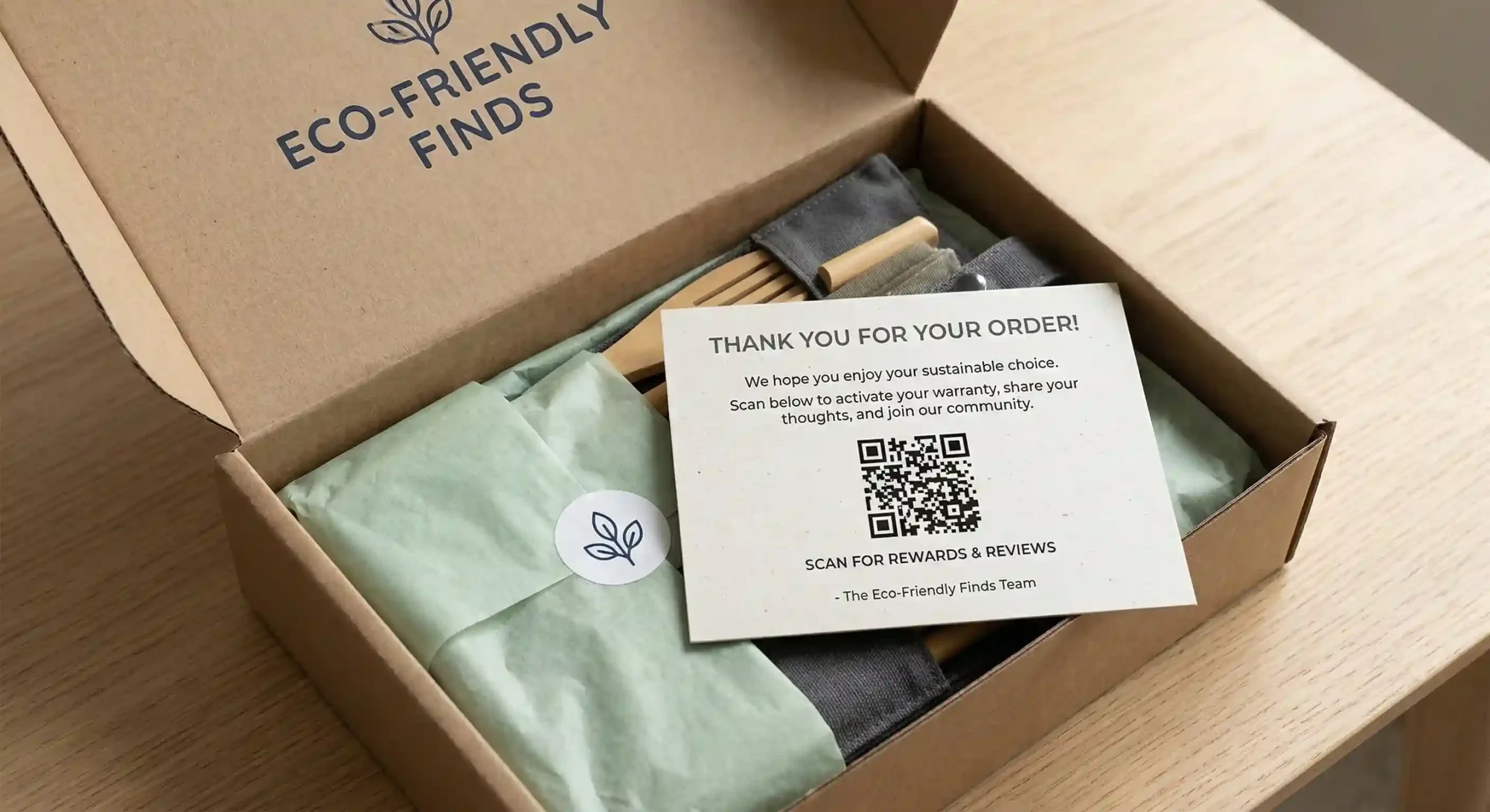 Open eco-friendly branded box with wrapped product and thank-you card featuring a QR code