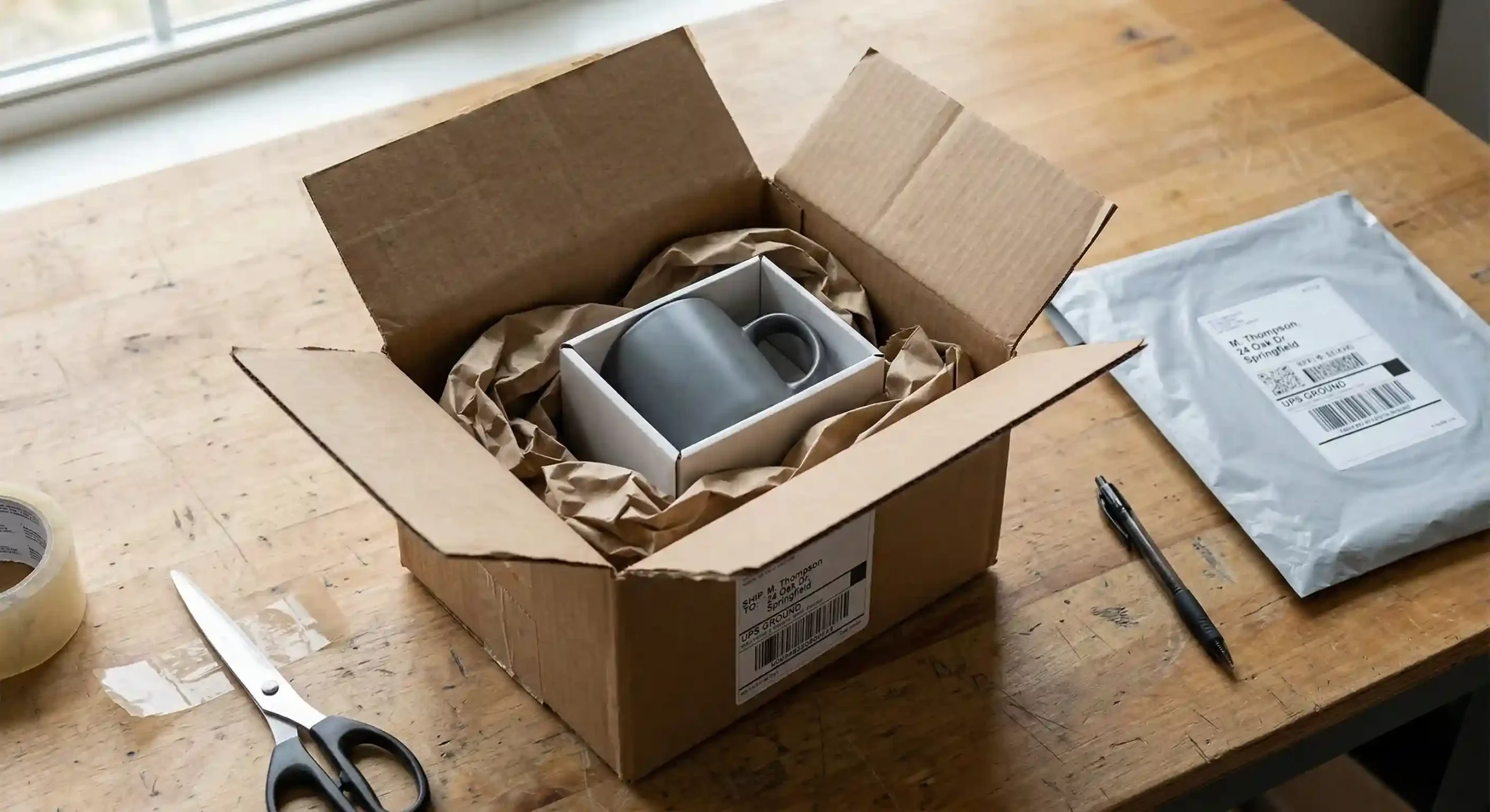 Open brown shipping box with kraft paper and plain product packaging on a packing table