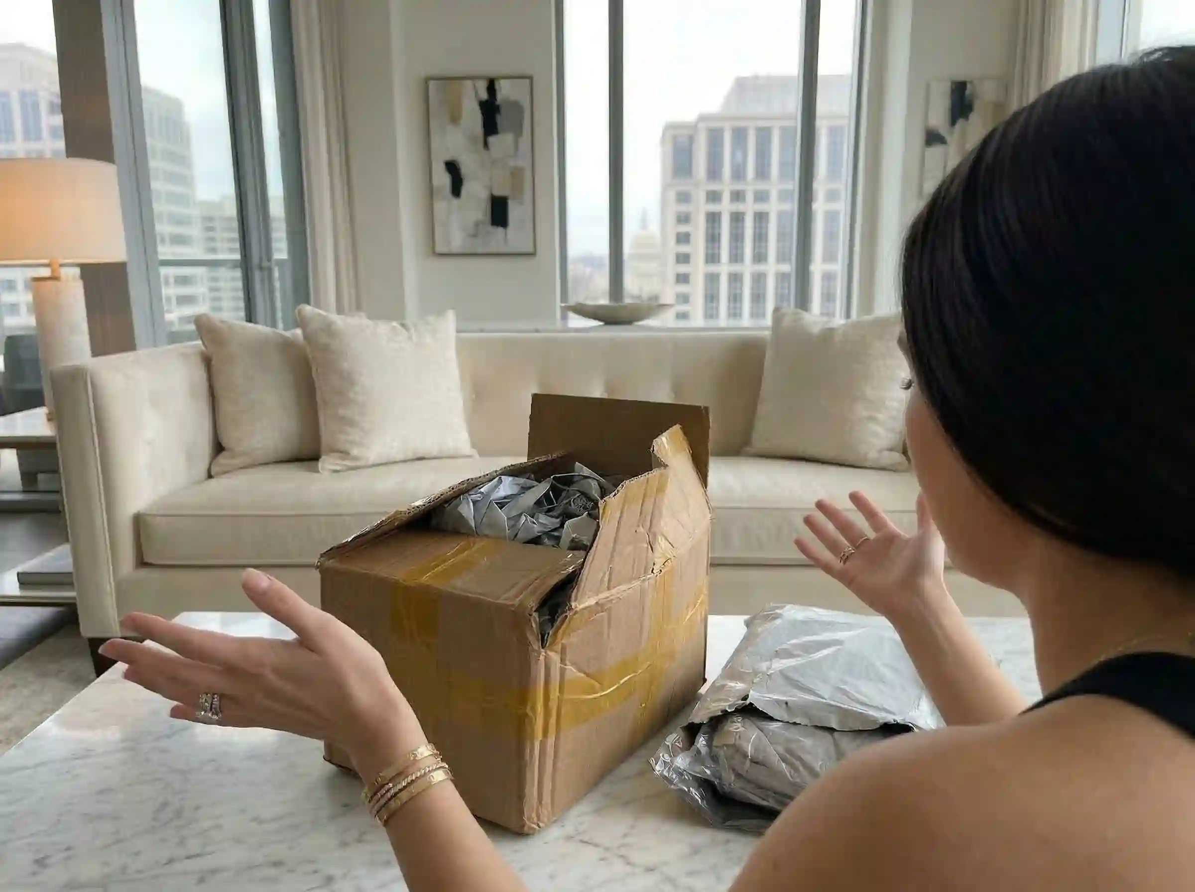 A disappointed customer looking at a damaged and messy generic dropshipping package on her living room table, showing the risks of no quality control.