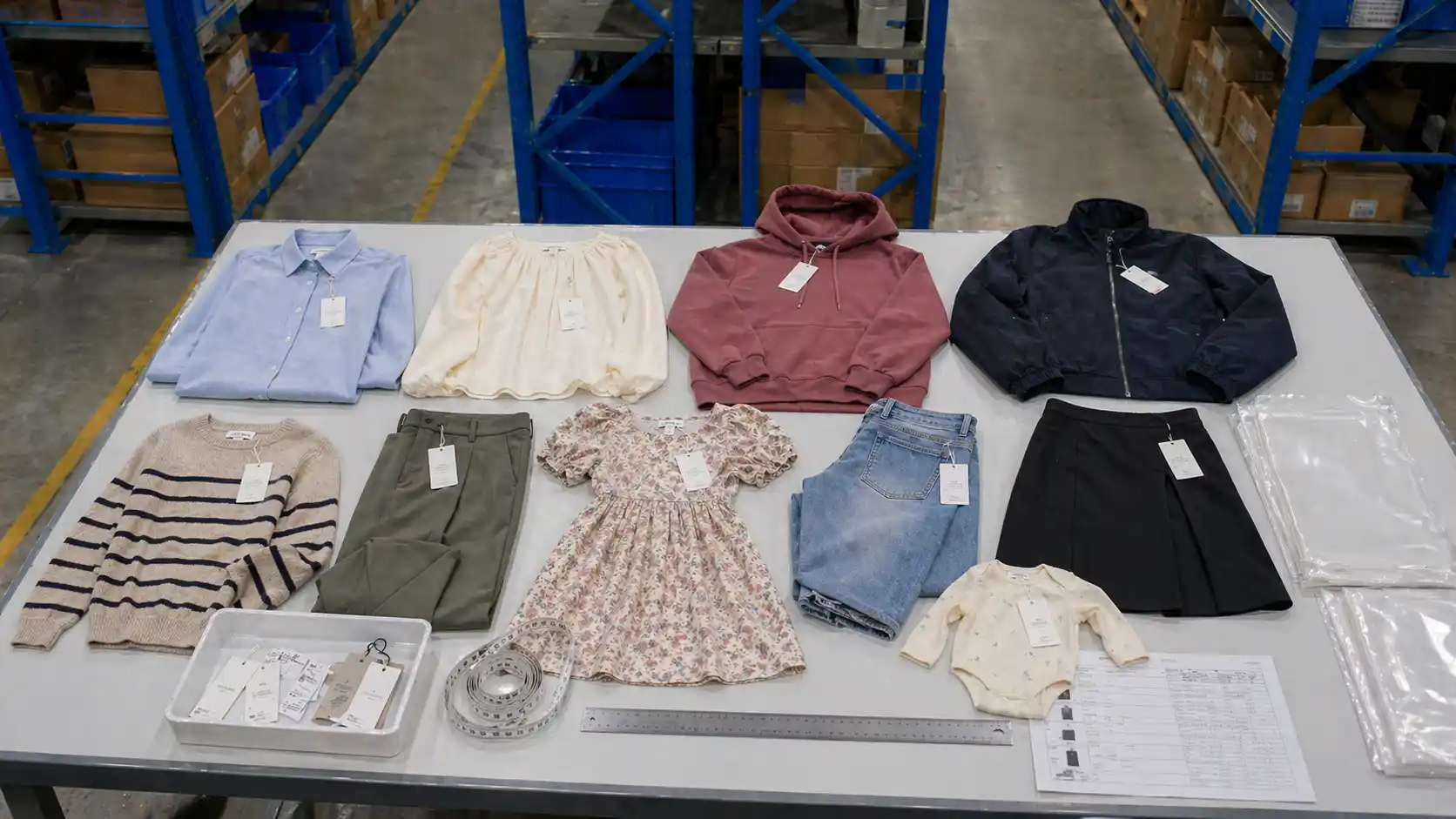 Fashion garments laid out for apparel QC with tags, labels, and measuring tape in a China warehouse