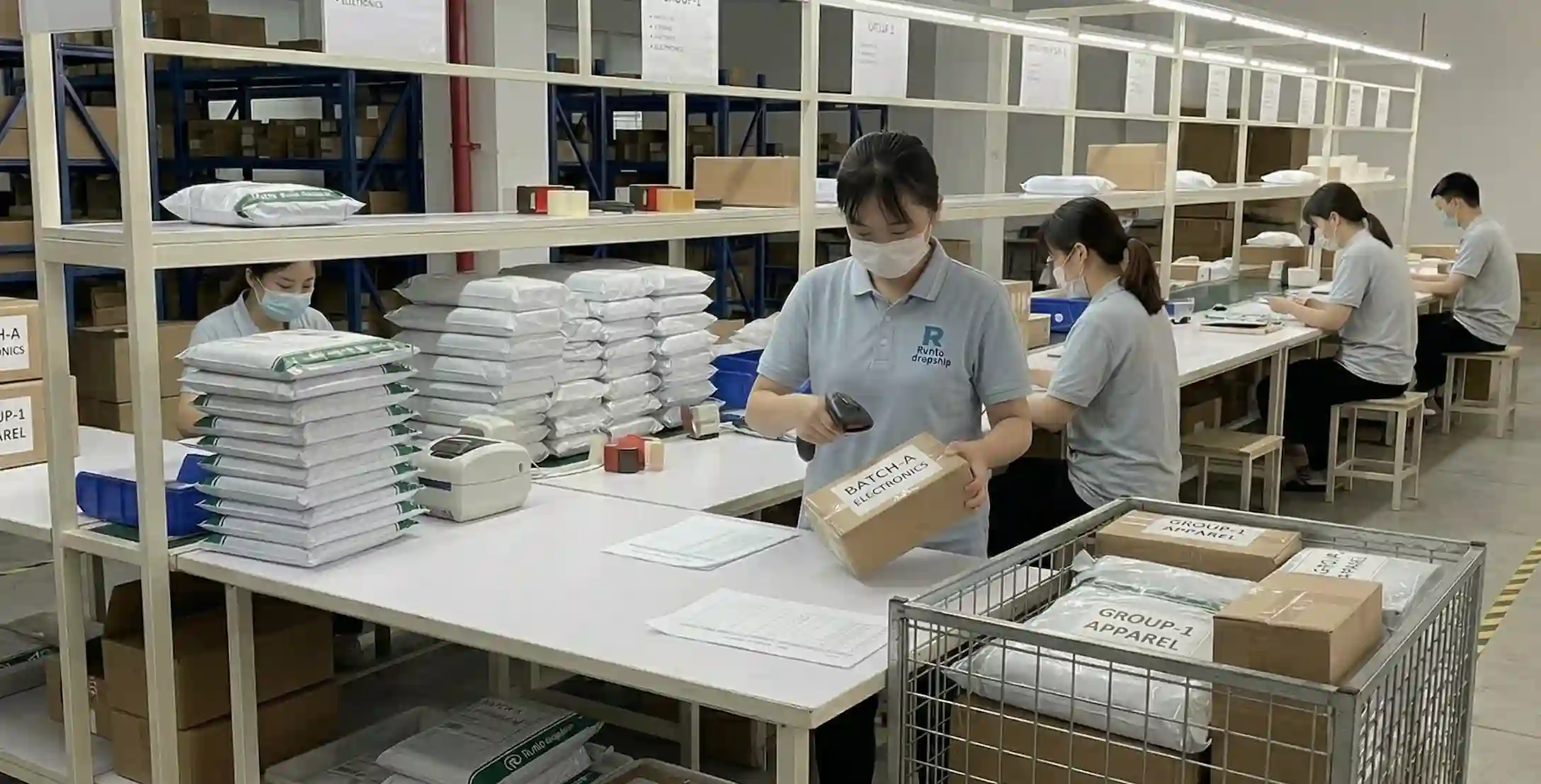 Warehouse staff scanning grouped parcels in a structured batch dispatch workflow for dropshipping orders