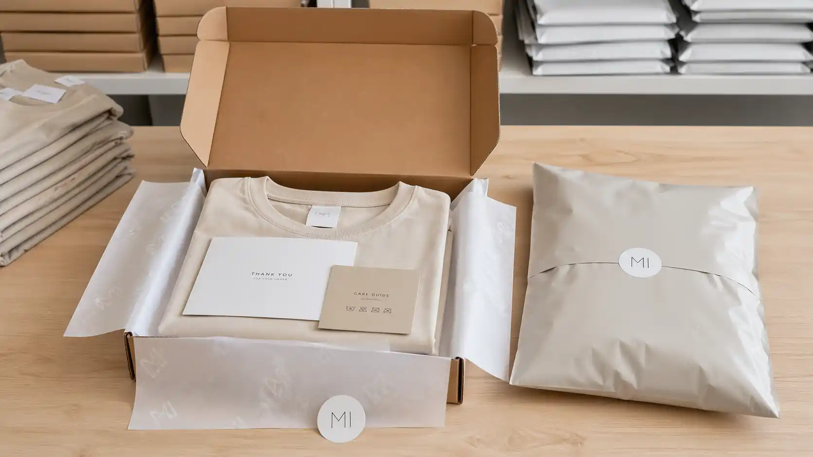 Brand-ready dropshipping package with custom mailer, insert card, and branded presentation