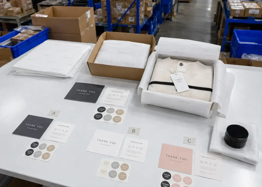 Branded insert cards, thank-you cards, tissue paper, and stickers for private label orders