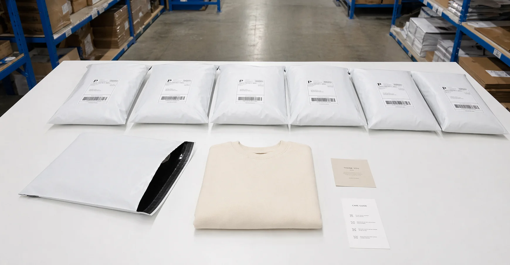 Clean courier bags with neat shipping labels and brand-ready packout on warehouse table after QC check