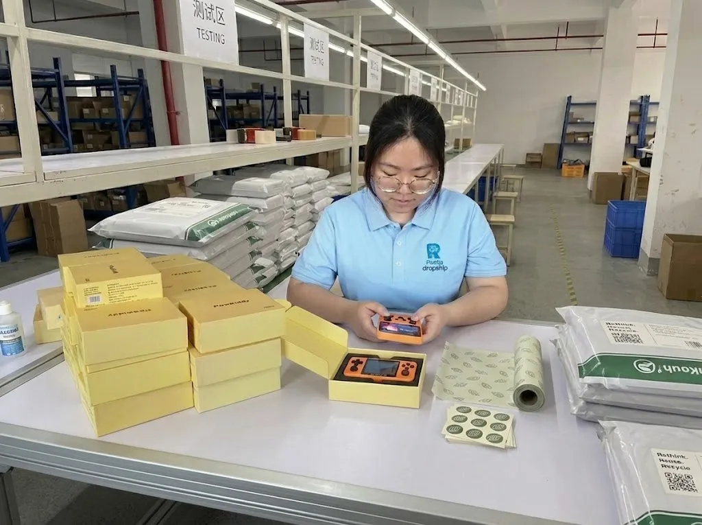 Staff inspecting a consumer electronics product at a sourcing and testing table in China