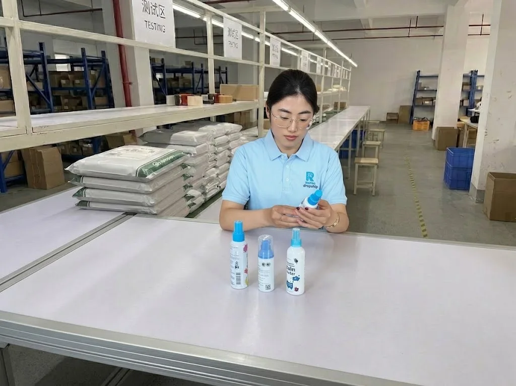 Staff checking cosmetic bottles and beauty products at a quality control table in China
