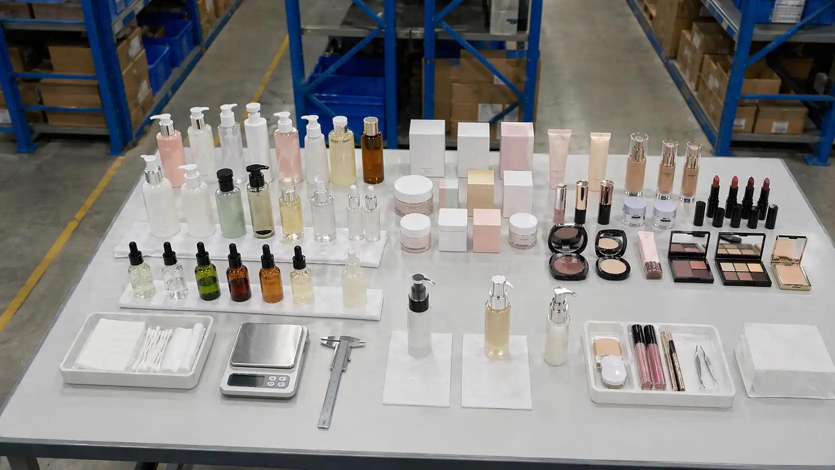 Cosmetics bottles, jars, and packaging arranged for leak and label QC inspection in a China warehouse