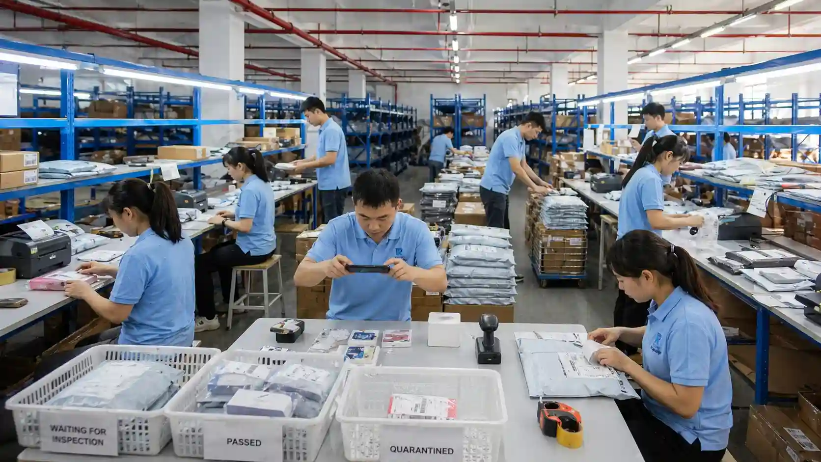 RuntoDropship QC team inspecting and packing dropshipping orders inside a China warehouse