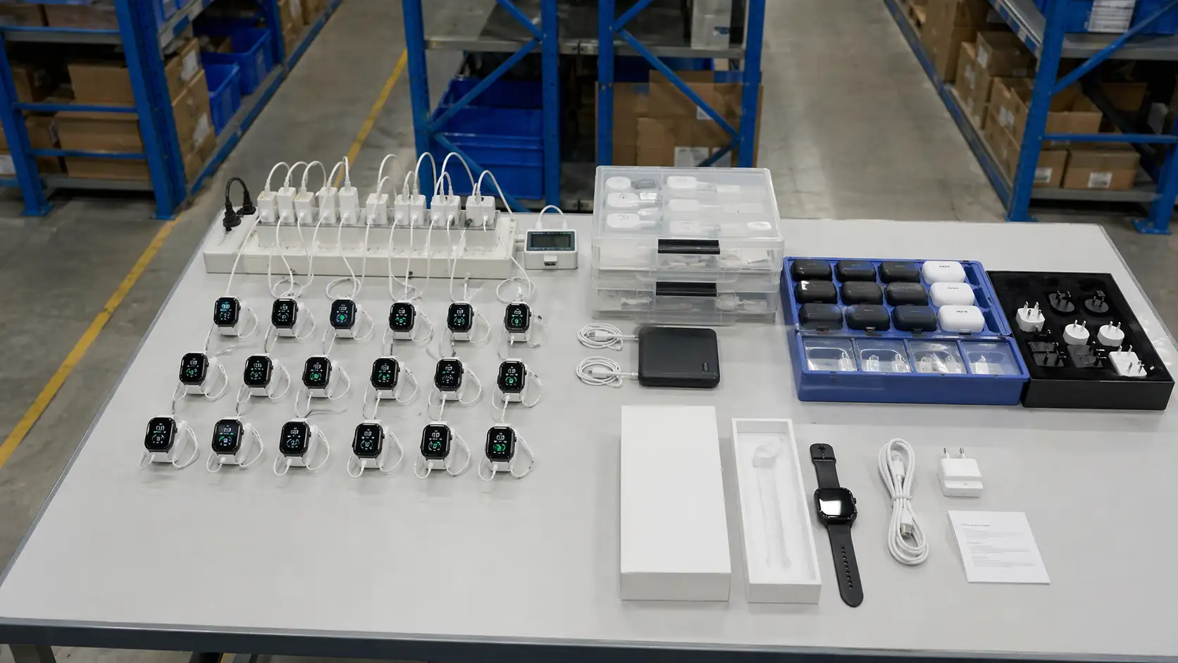 Smartwatches and electronic accessories arranged for functional QC testing in a China warehouse