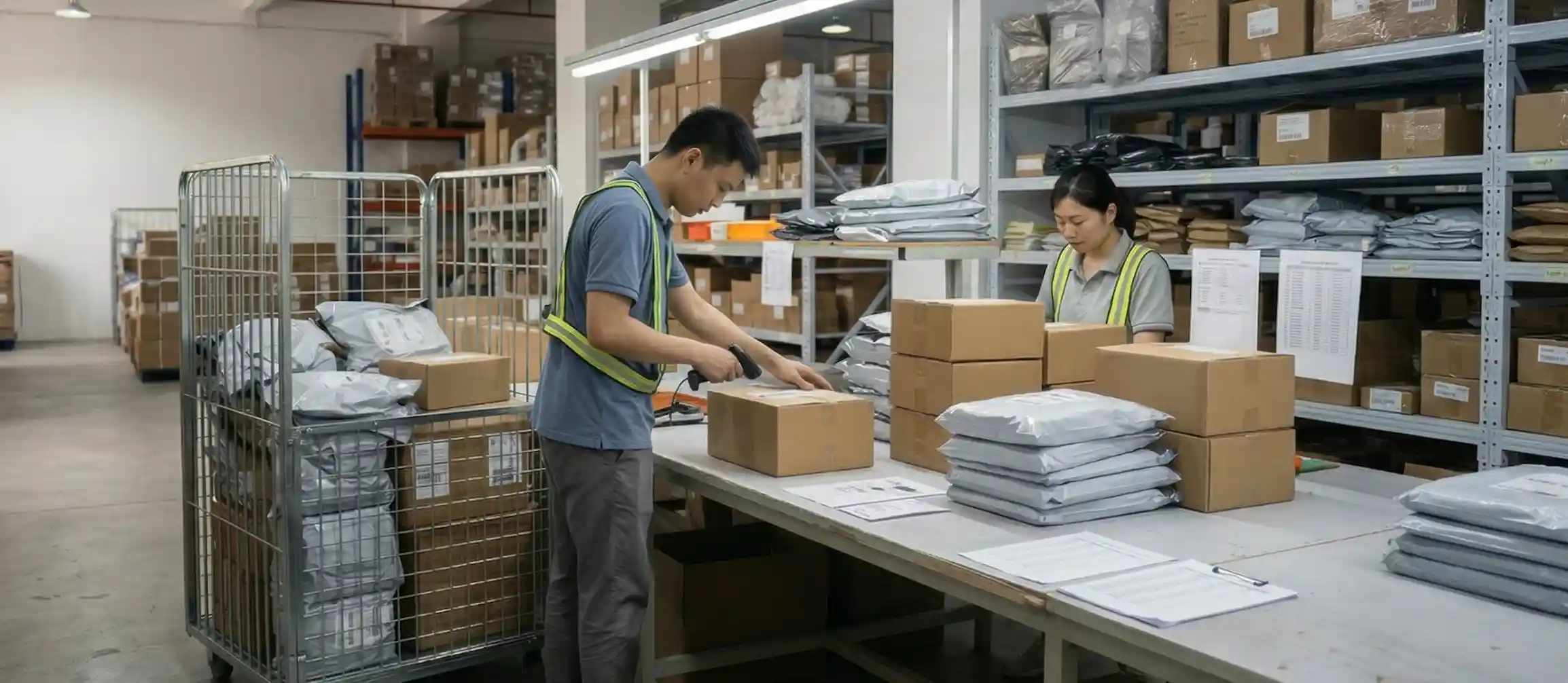 Warehouse staff processing cartons and parcels at a high-volume fulfillment station during order scaling