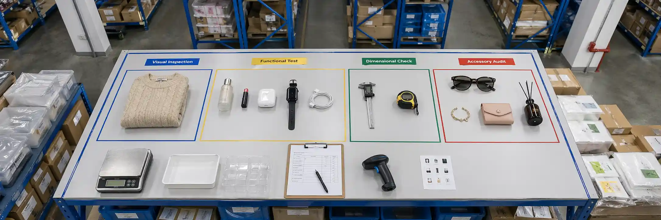 Top-down QC workstation with apparel, electronics, cosmetics, accessories, and inspection tools