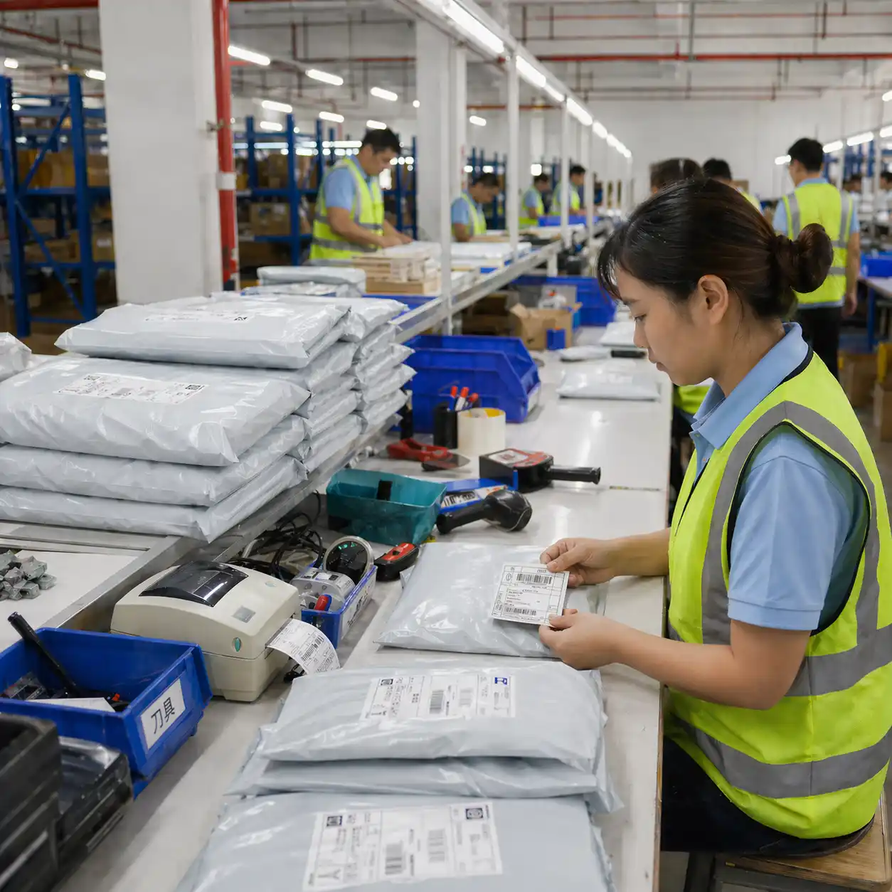Warehouse worker checking a small shipping label before dispatching a dropshipping parcel