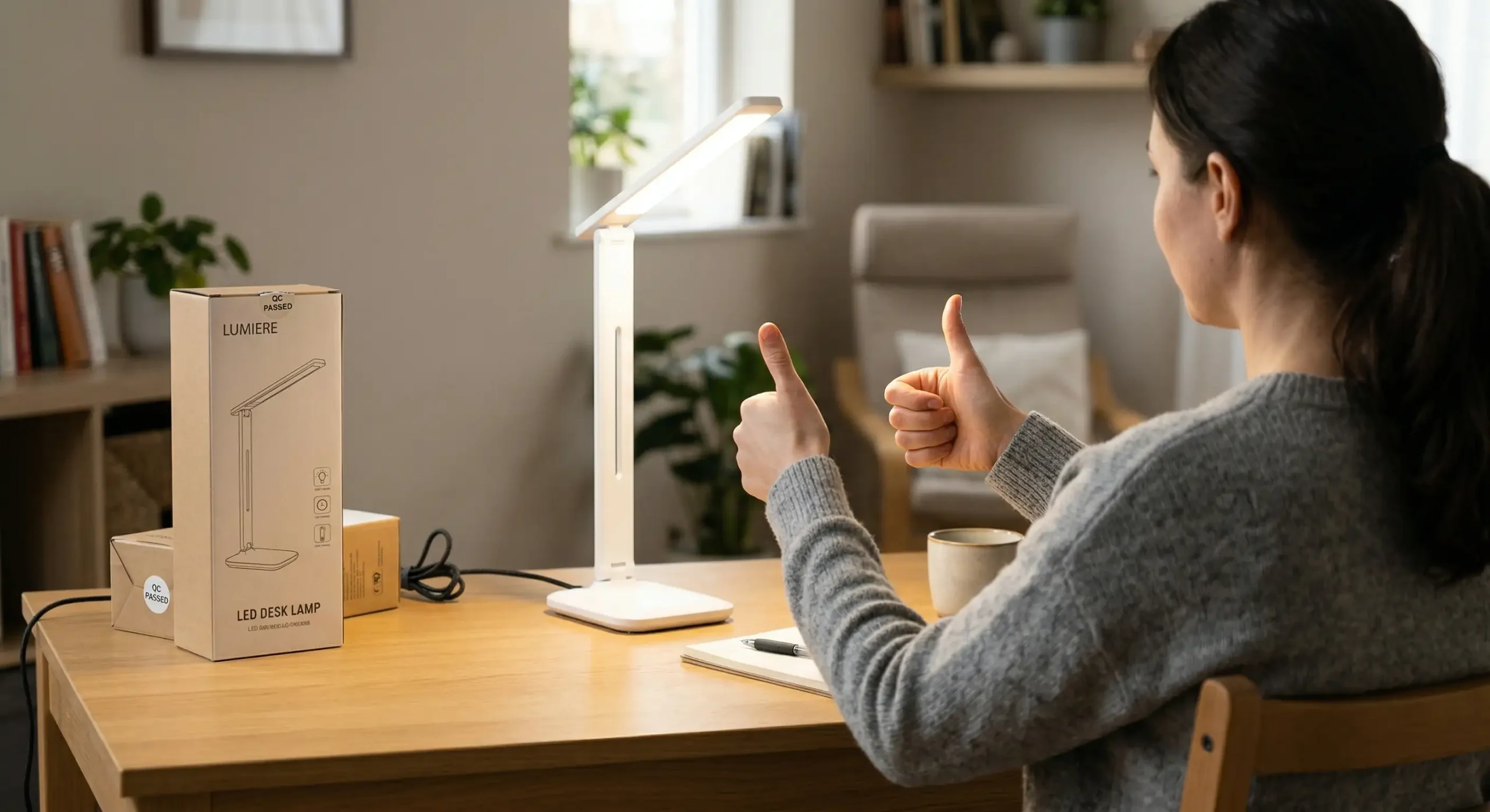 Buyer checks a desk lamp received in good condition after pre-dispatch QC