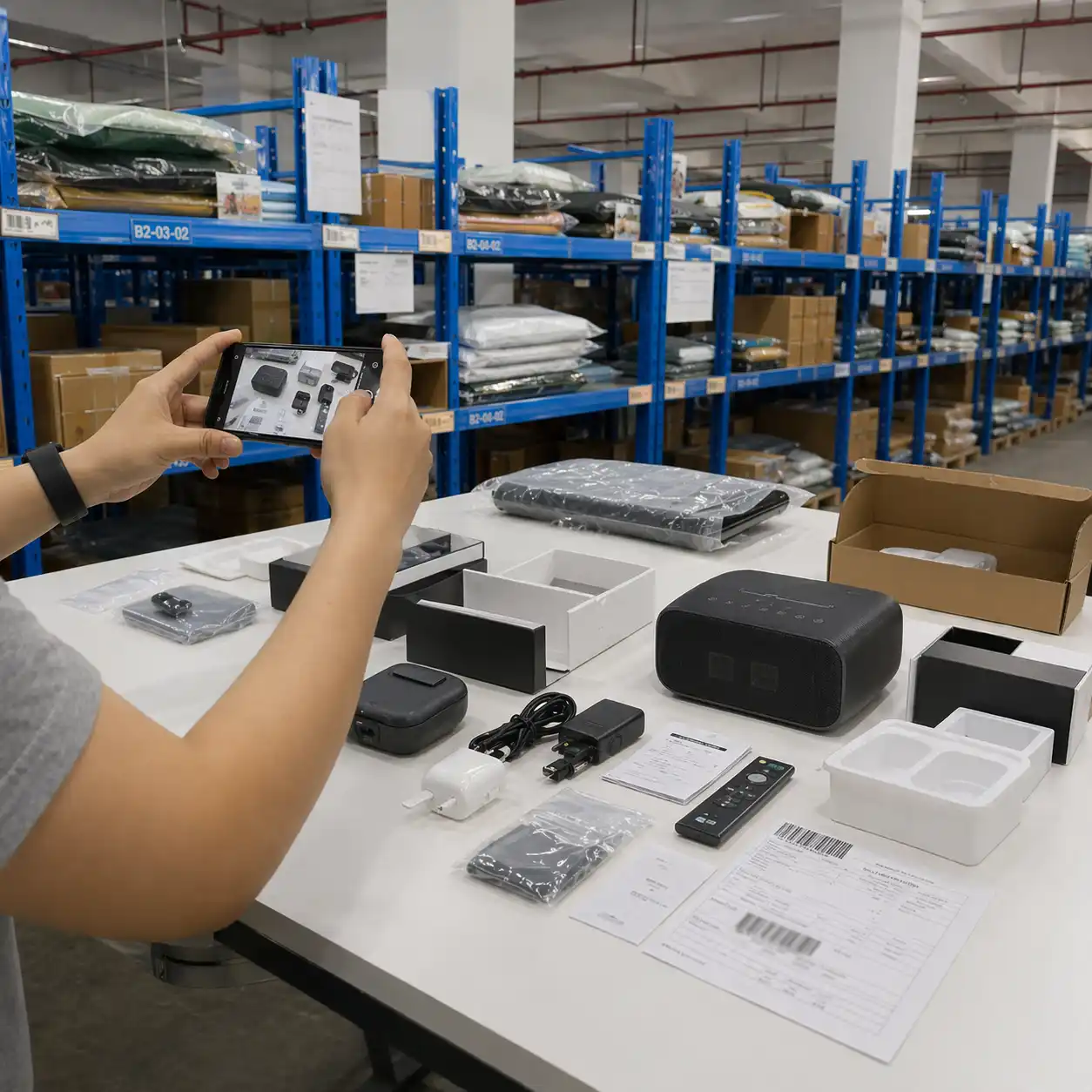 QC worker reviewing products at an inspection workstation before dispatch in a China warehouse