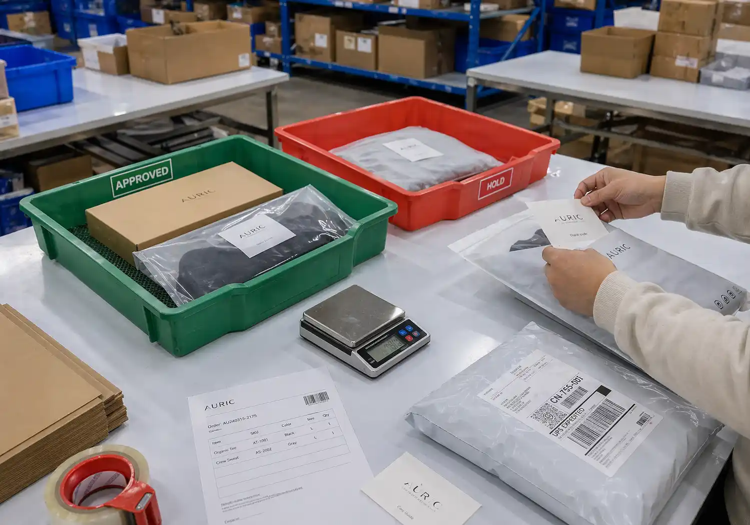 QC release gate checking branded packaging, insert, label, and order presentation before dispatch
