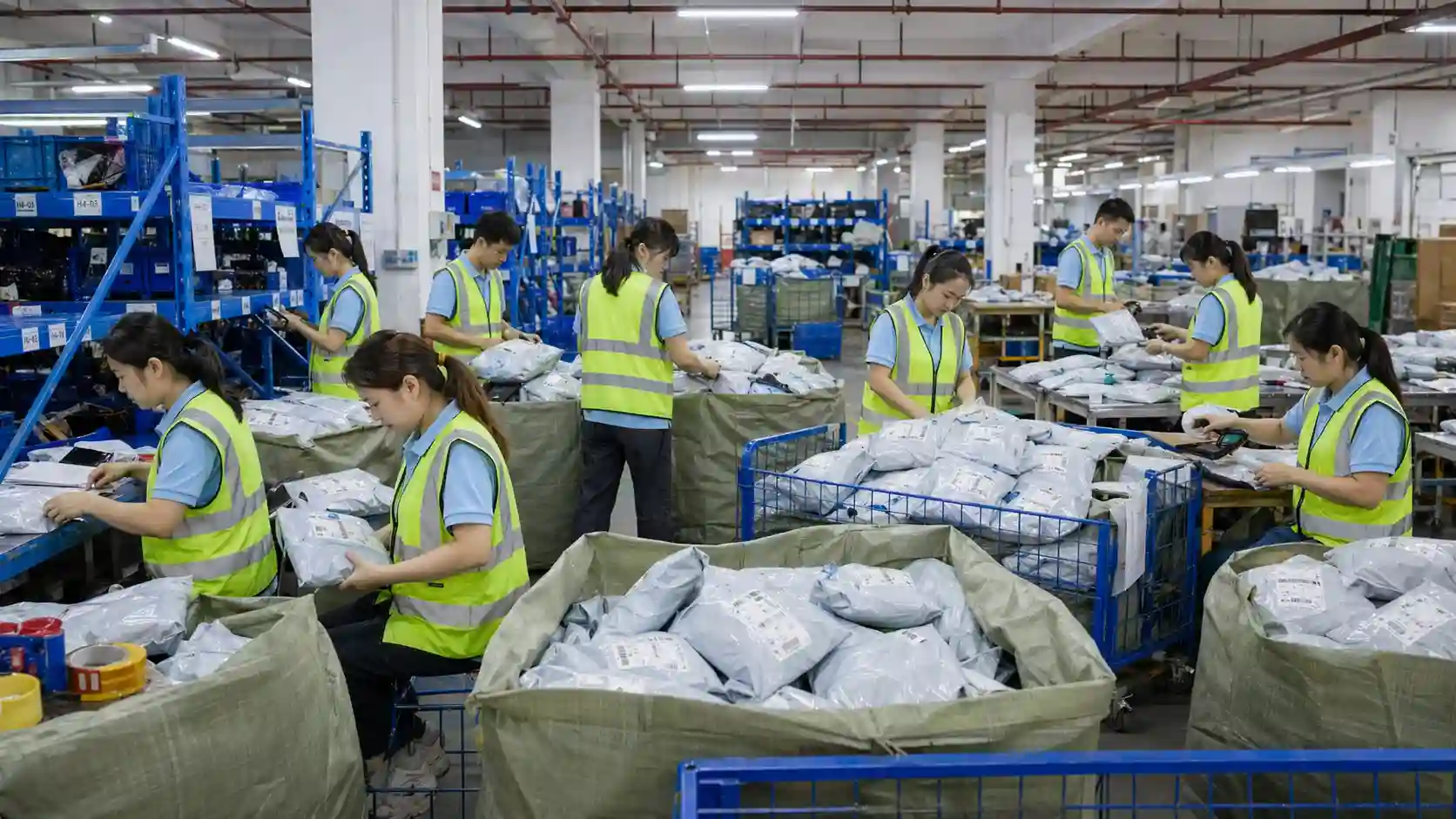 Warehouse team sorting labeled poly mailer parcels for fast dropshipping shipping