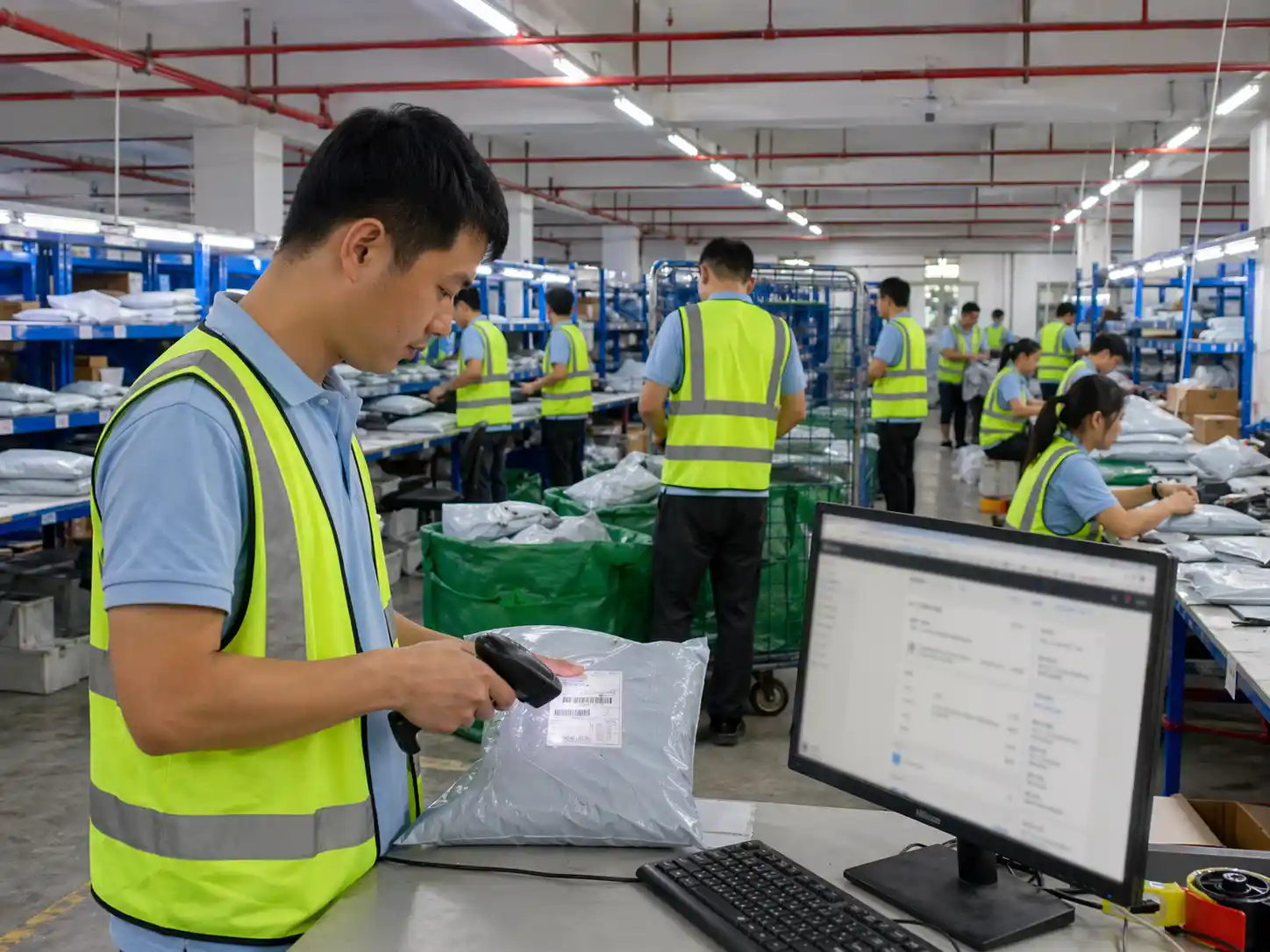 Warehouse worker scanning a labeled courier parcel while a blurred Shopify order page is open on the monitor