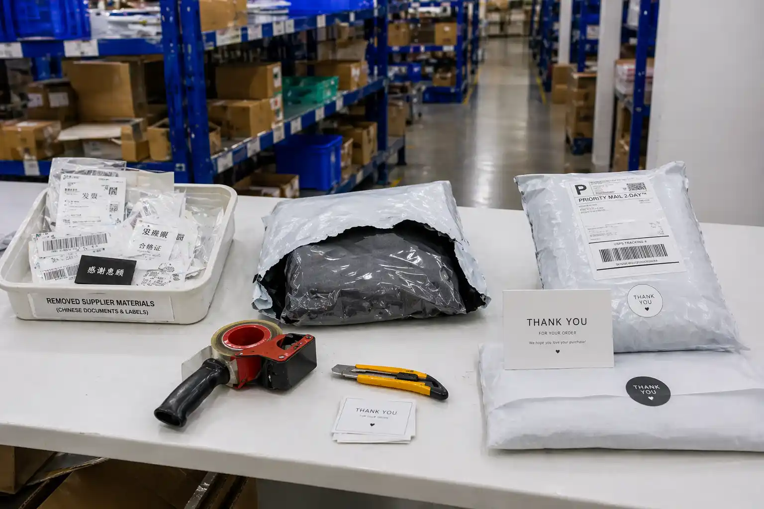 Supplier labels, invoices, and supplier-origin inserts removed before blind shipping