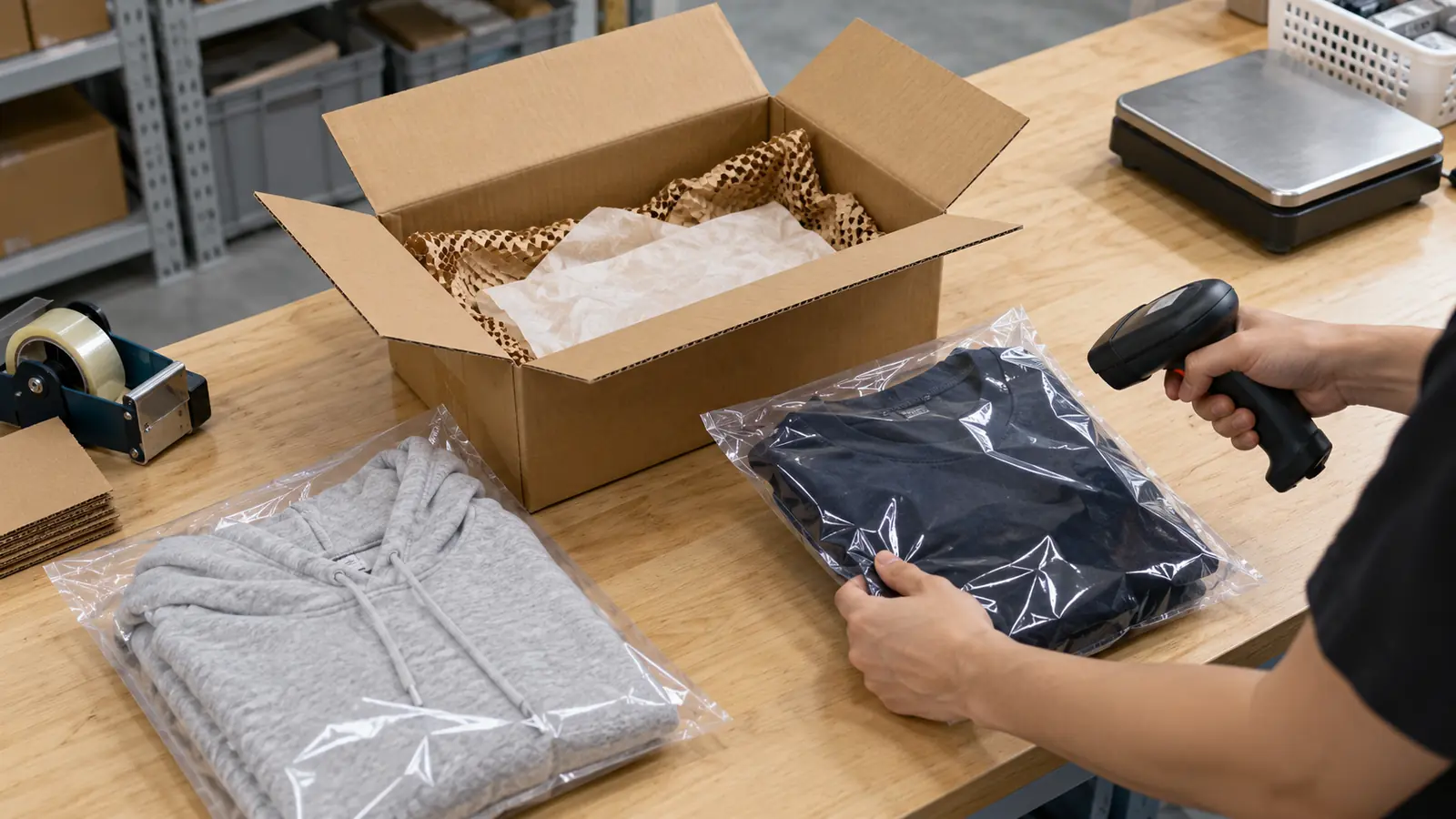 Sample order items, carton and protective packing arranged for a fulfillment pilot check
