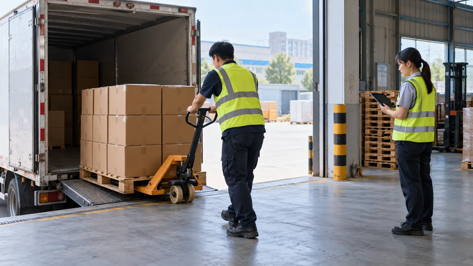 Two warehouse workers coordinate a pallet of cartons at a receiving dock