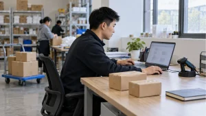 Operations worker using a laptop beside plain parcels and a barcode scanner