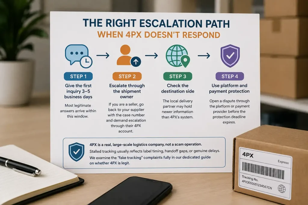 Four-step escalation path when 4PX customer service does not respond