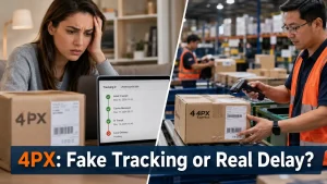 Buyer checking whether 4PX tracking is fake or delayed while a warehouse worker scans a parcel