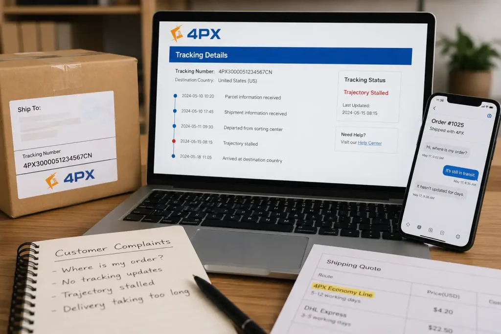 4PX Shipping tracking page showing trajectory stalled status, customer complaint messages, parcel box, and shipping quote comparison
