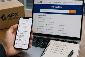 4PX Tracking status timeline showing Trajectory Stalled and parcel transit updates
