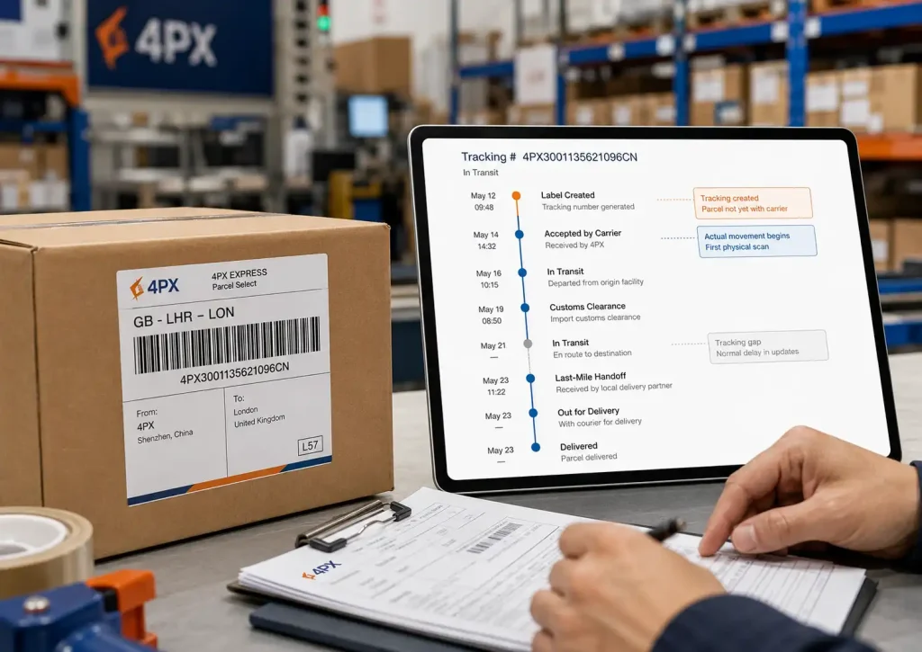 4PX parcel tracking timeline showing the gap between label creation and actual carrier movement