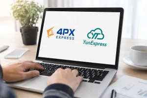 4PX and YunExpress logos displayed on a laptop for shipping line comparison