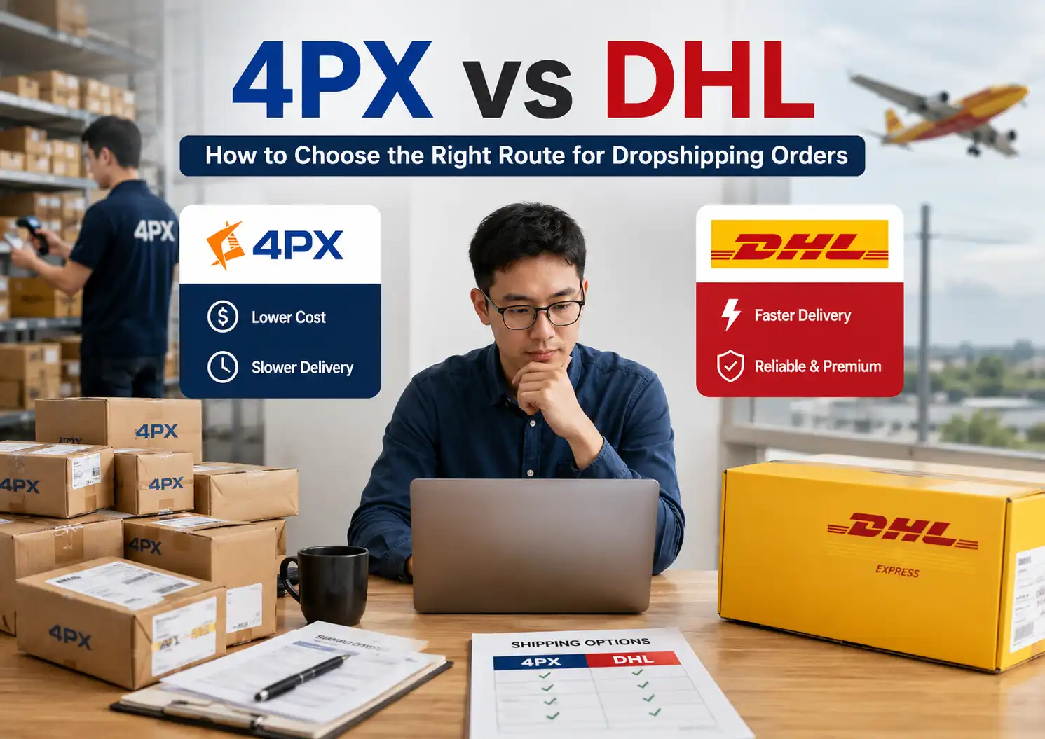 Dropshipping seller comparing 4PX and DHL shipping options by cost, speed, tracking, and delivery reliability