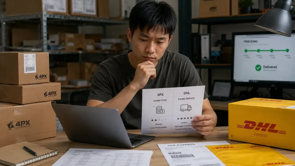 Dropshipping seller comparing 4PX lower-cost shipping with DHL Express speed, tracking, and delivery proof