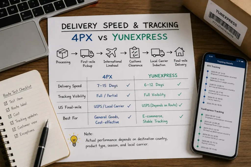 Delivery speed and tracking comparison between 4PX and YunExpress with shipping stages and tracking updates