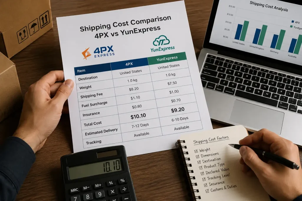 4PX and YunExpress shipping cost comparison sheet with parcel weight, fees, delivery time, and tracking