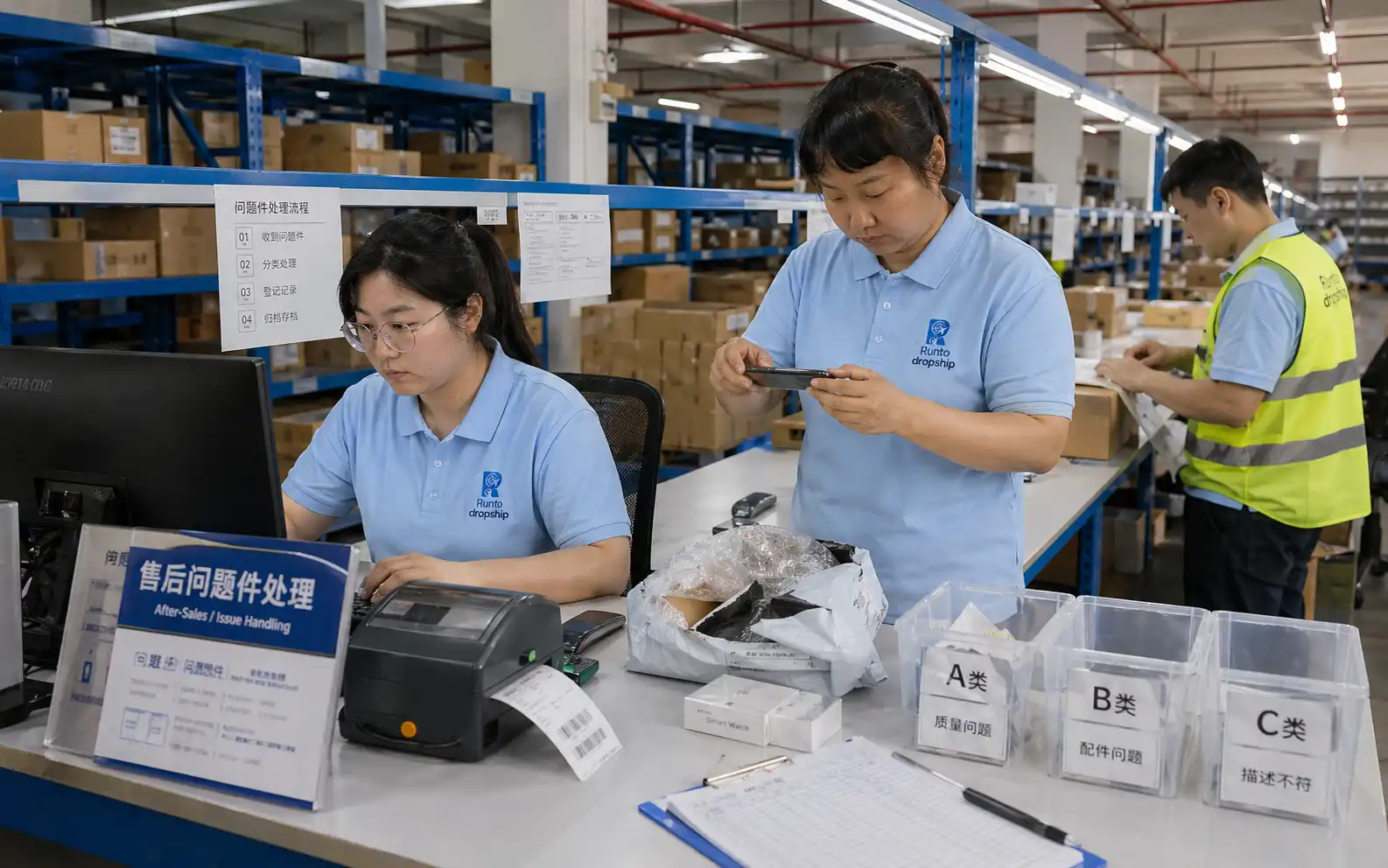 Chinese private dropshipping agent team reviewing problem orders, inspecting returned parcels, recording evidence, and sorting issue cases into A B C bins