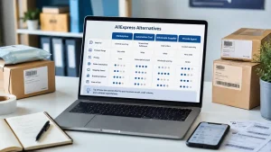 AliExpress alternatives comparison on a laptop with ecommerce packages and supplier options for dropshipping sellers