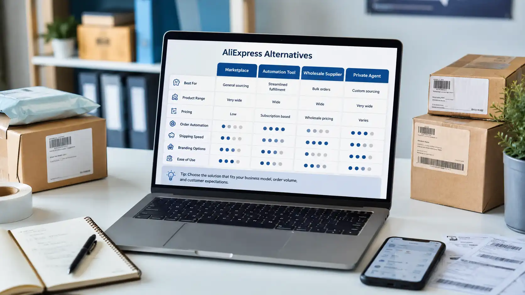 AliExpress alternatives comparison on a laptop with ecommerce packages and supplier options for dropshipping sellers