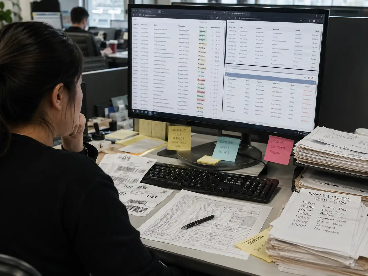 Chinese private dropshipping agent operations staff reviewing AliExpress supplier delays, shipping labels, and problem-order records