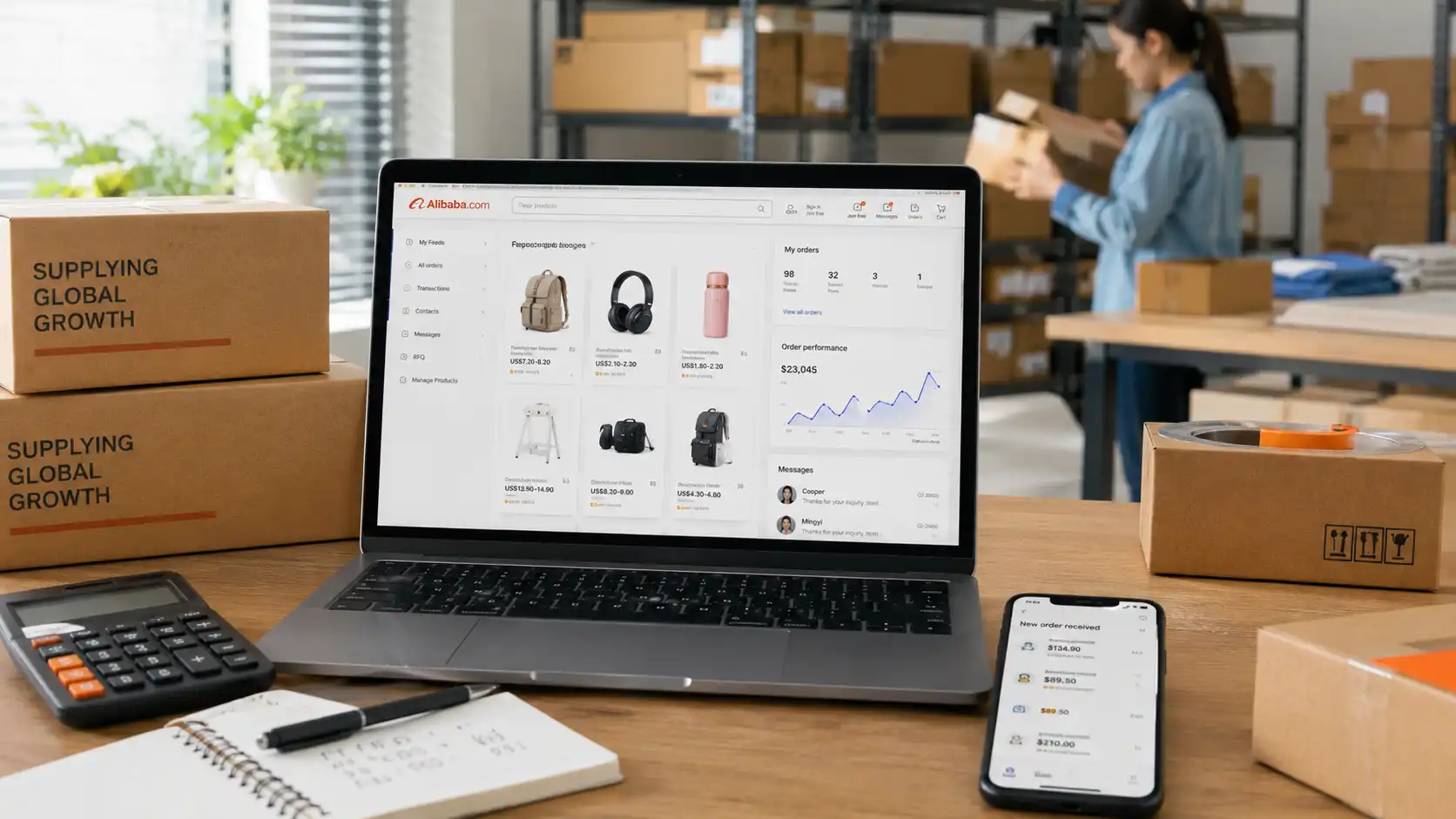 Alibaba Dropshipping workspace showing supplier sourcing, order growth, packaging, and shipping preparation