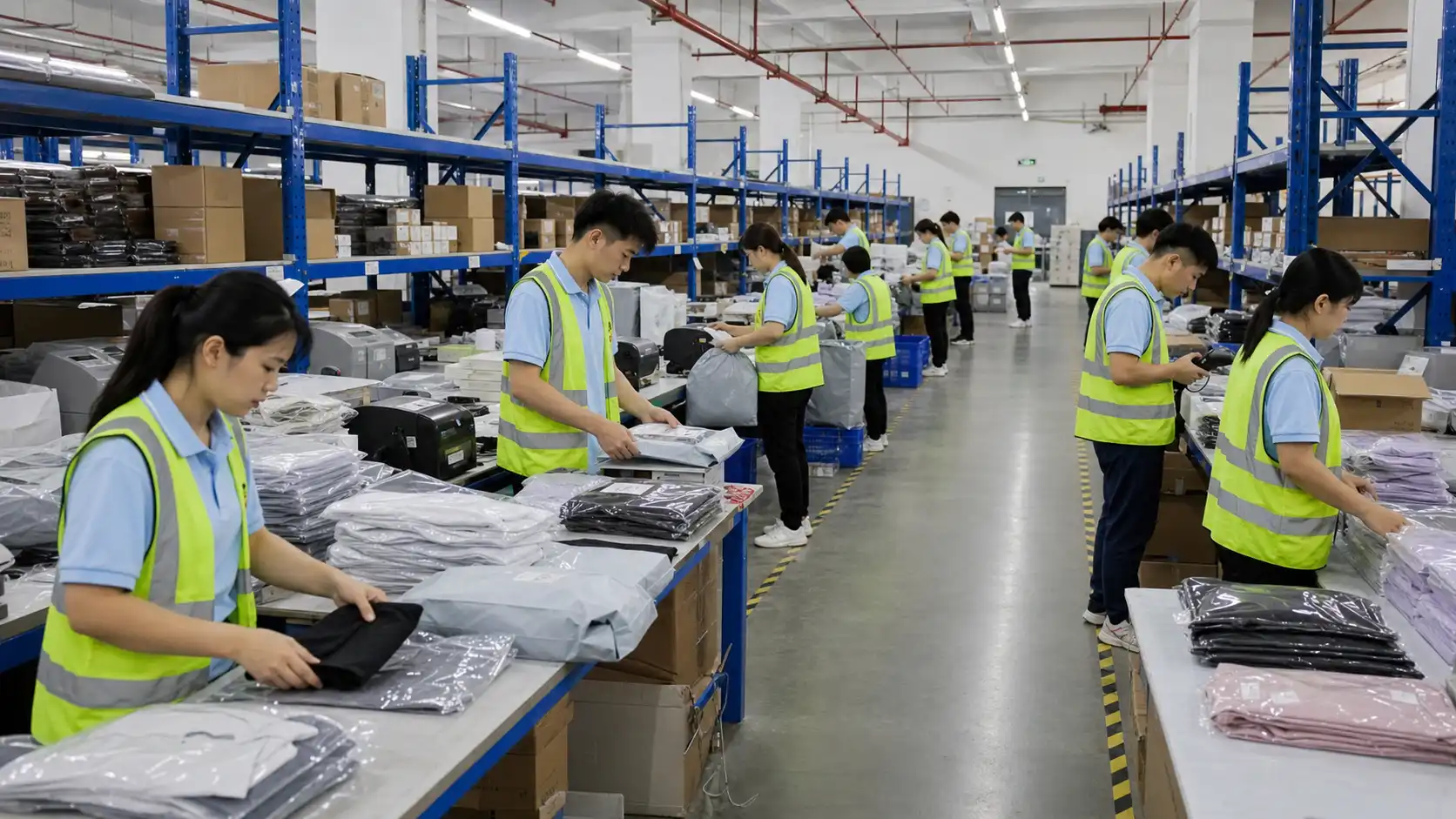 Warehouse team processing folded apparel orders at packing tables