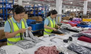 Warehouse team checking apparel size labels folding garments and sorting colors before fulfillment