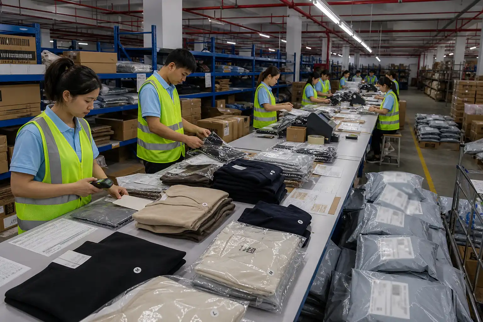 Warehouse staff packing folded apparel and preparing bagged clothing orders