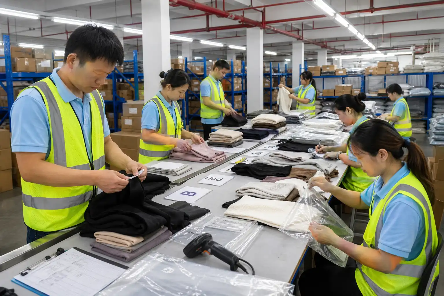 Staff sorting folded garments and separating apparel items at a warehouse inspection table