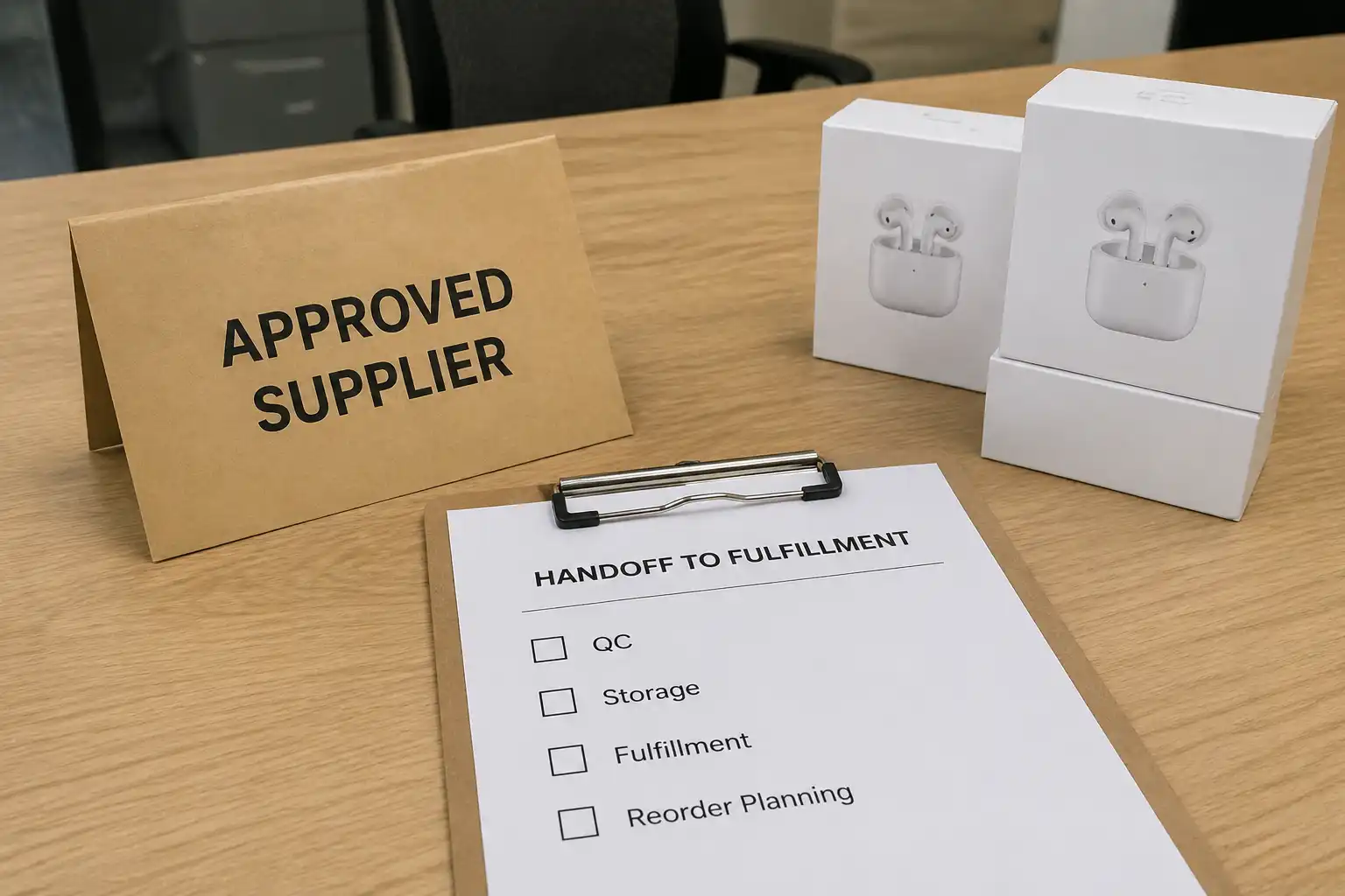 Approved supplier handoff checklist with wireless earbuds product boxes ready for QC and order execution handoff